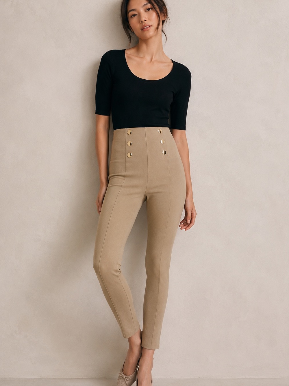 NWT Zara Tan Nautical Button Leggings Slim Pants Sz Medium